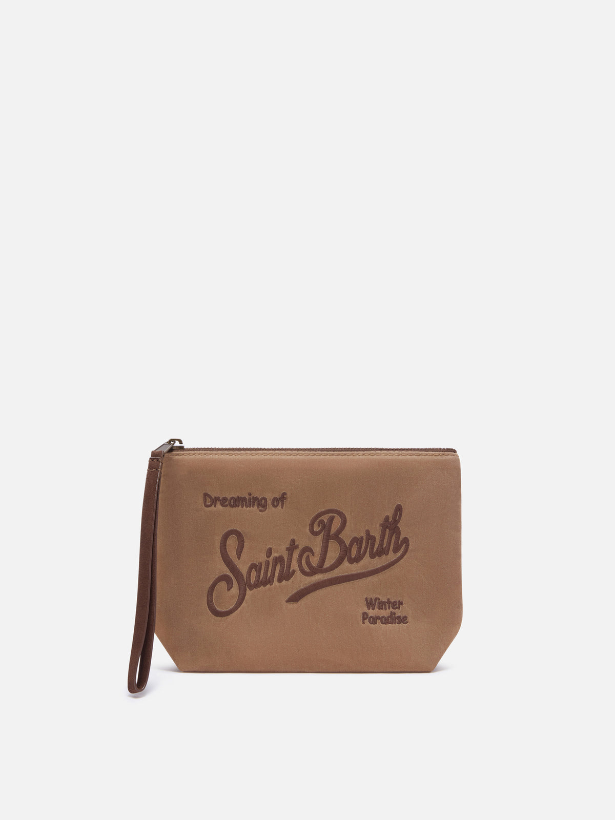 Pochette Aline nocciola in tessuto cerato con ricamo logo