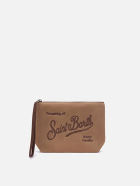 Pochette Aline nocciola in tessuto cerato con ricamo logo