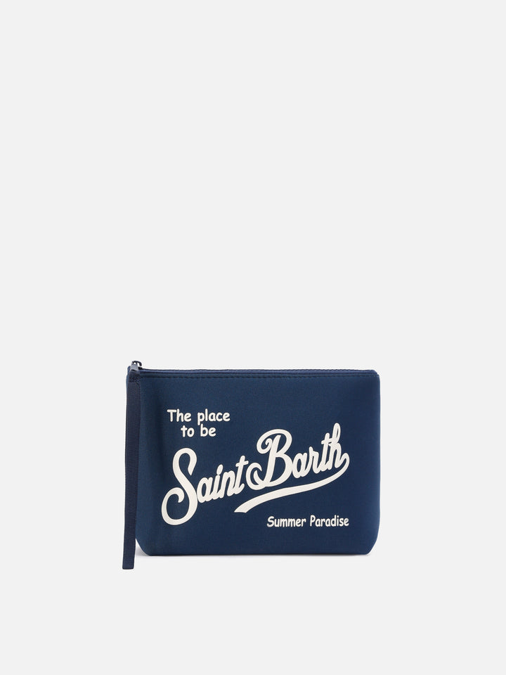 Aline scuba pouch in navy blue with printed logo