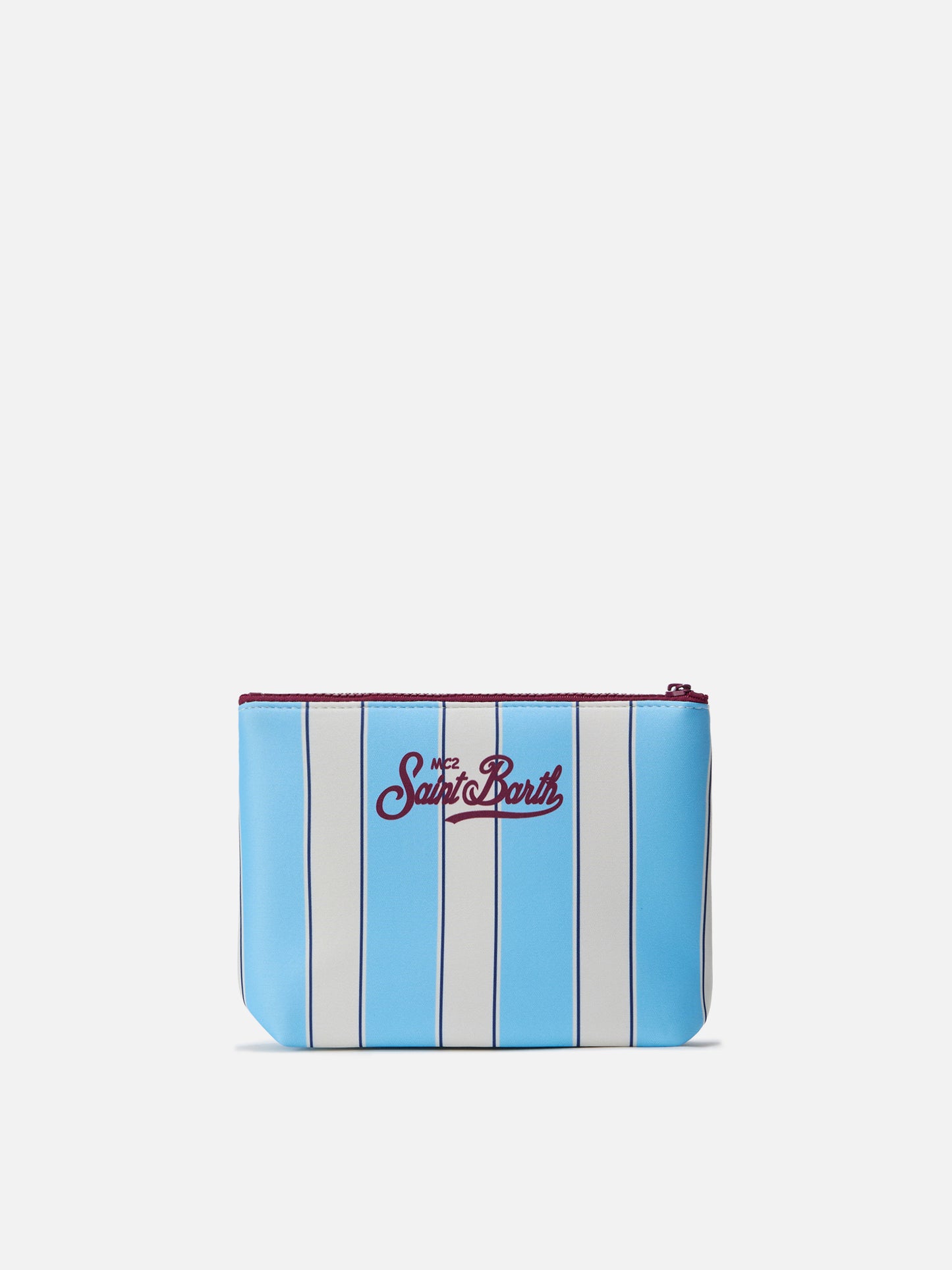 Aline scuba pouch with light blue stripes and Beach Club logo