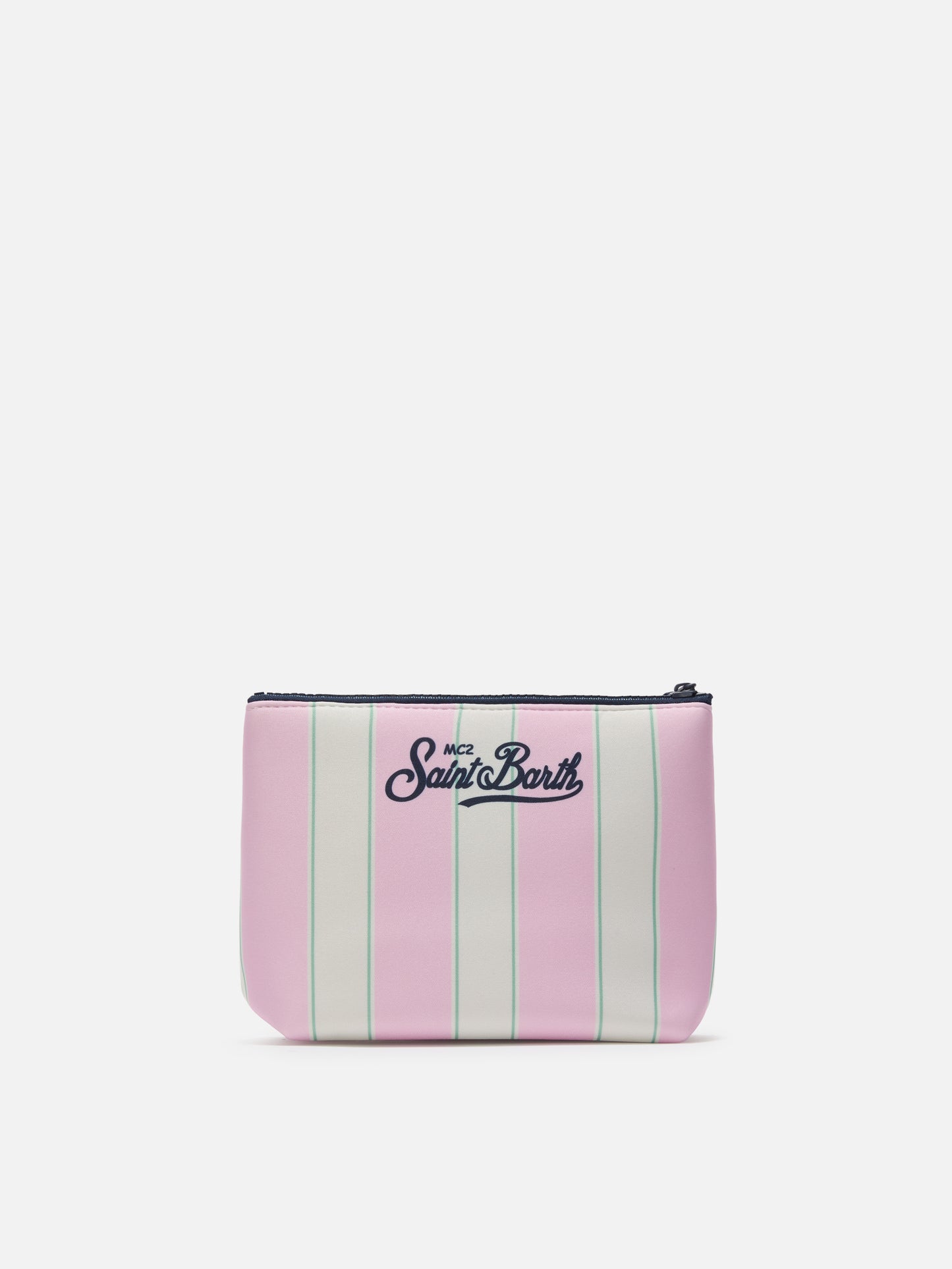 Aline scuba pouch with pink and green striped print and Beach Club logo