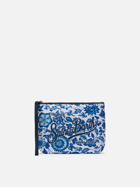 Aline scuba pouch with blue floral majolica print