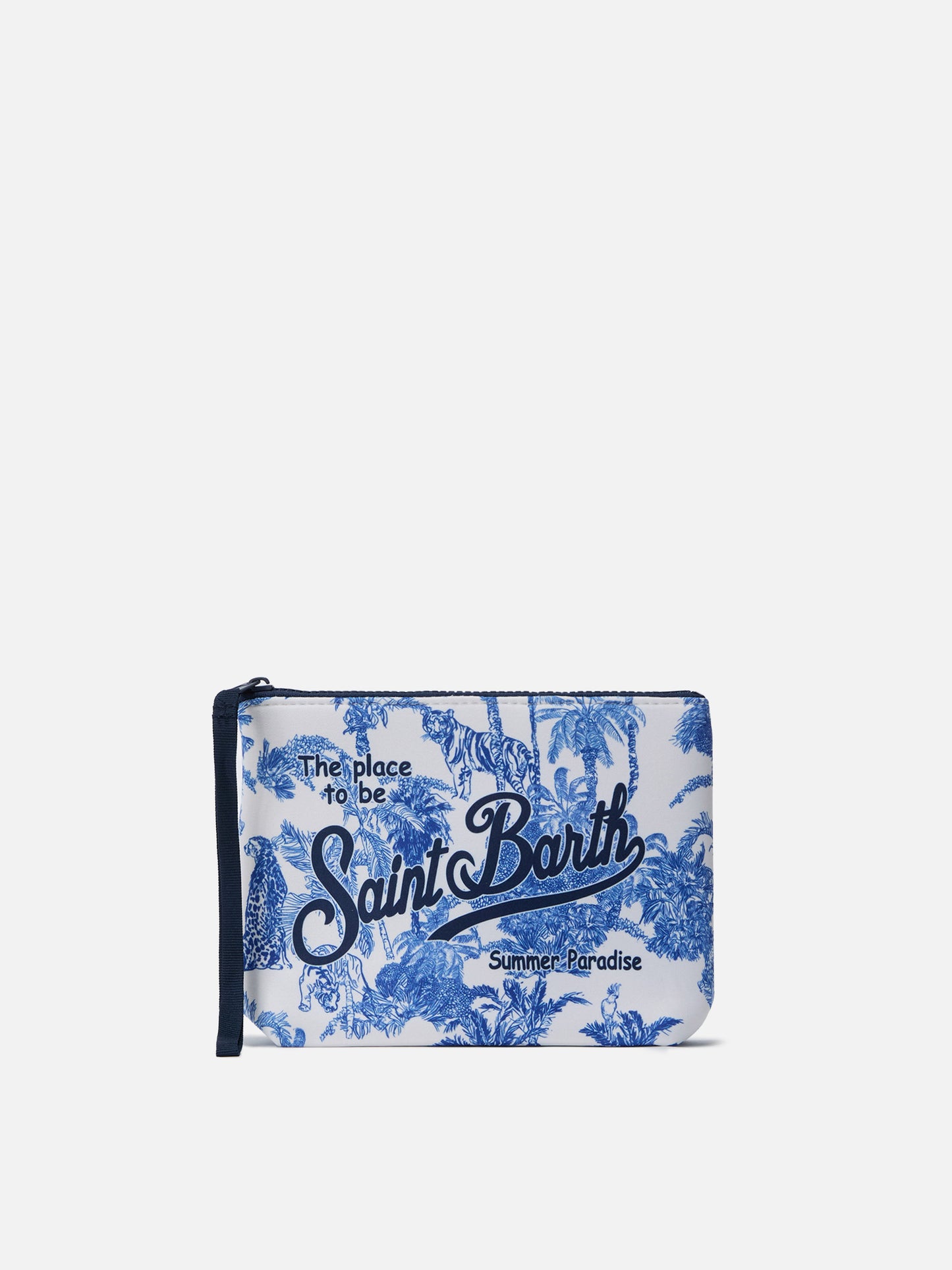 White Aline scuba pouch with Jungle Oceania toile de jouy print