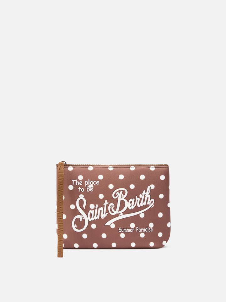 Pochette Aline in scuba marrone con stampa pois