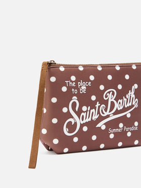 Pochette Aline in scuba marrone con stampa pois