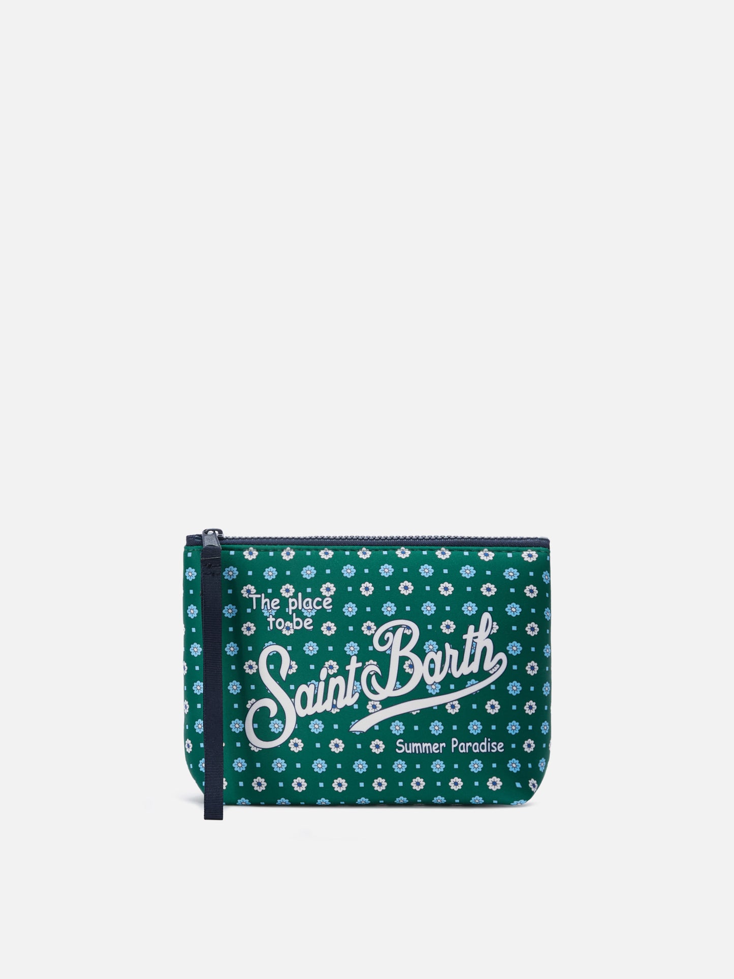 Pochette Aline in scuba verde con stampa a fiori all-over