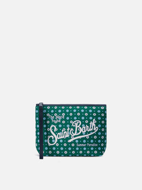 Pochette Aline in scuba verde con stampa a fiori all-over