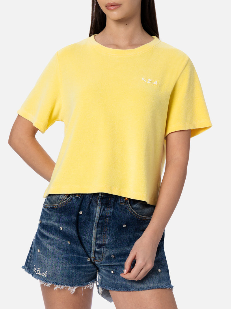 T-shirt da donna girocollo in spugna di cotone giallo pallido Emilie