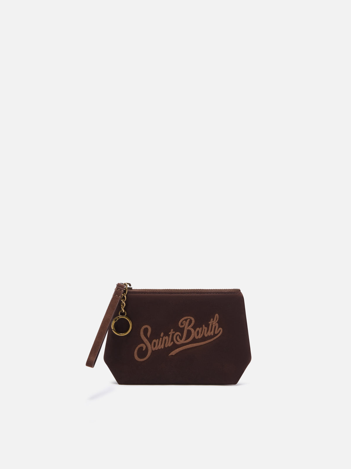 Pochette Mini Aline marrone in tessuto cerato con ricamo logo