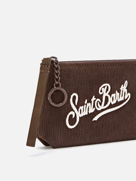 Brown Mini Aline corduroy pouch with logo embroidery