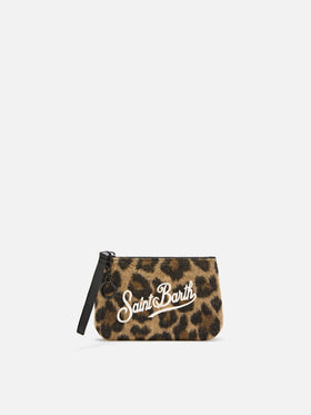 Mini Aline felt pouch with leopard print