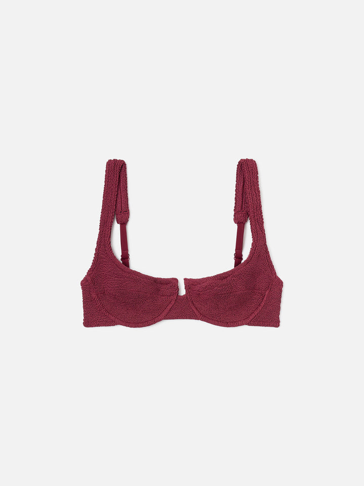 Amira balconette bikini top in burgundy crinkle fabric