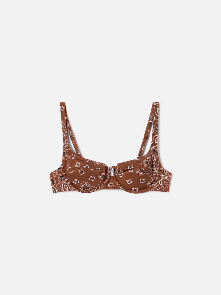 Top bikini Amira balconette con stampa bandana marrone