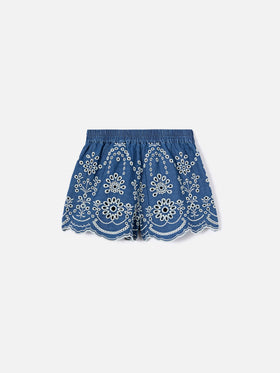 Short Amani Jr in chambray effetto denim con ricamo sangallo