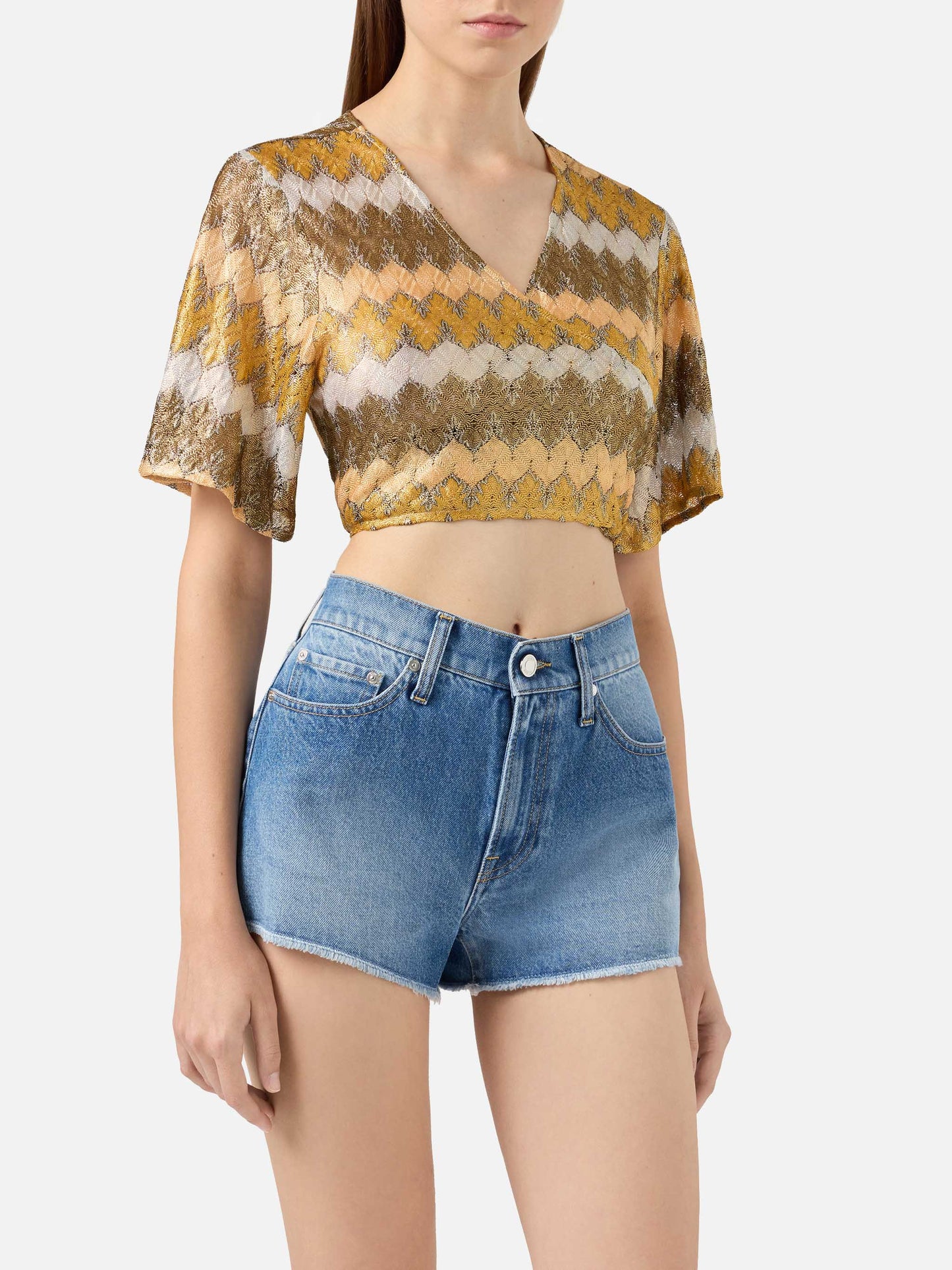 Angelina Bluse mit offenem V-Ausschnitt aus Raschelgewebe