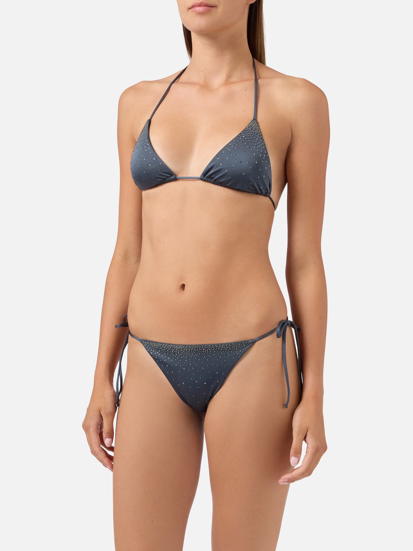 Bikini Annabelle Marielle gris foncé à finition brillante avec détails en strass 