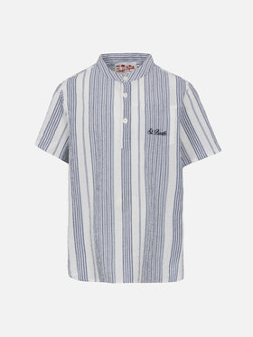 Boy short sleeved seersucker shirt with striped all over print - MC2 Saint Barth
