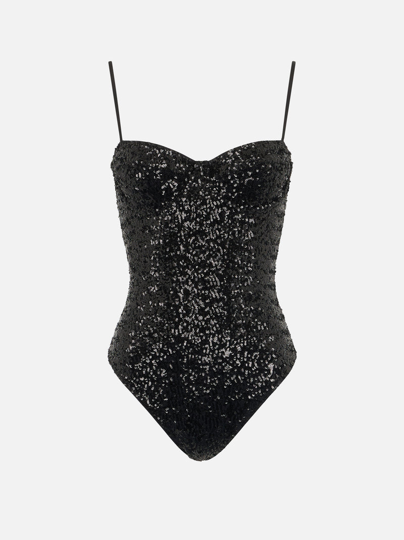 Woman apolline black one-piece swimsuit with sequins