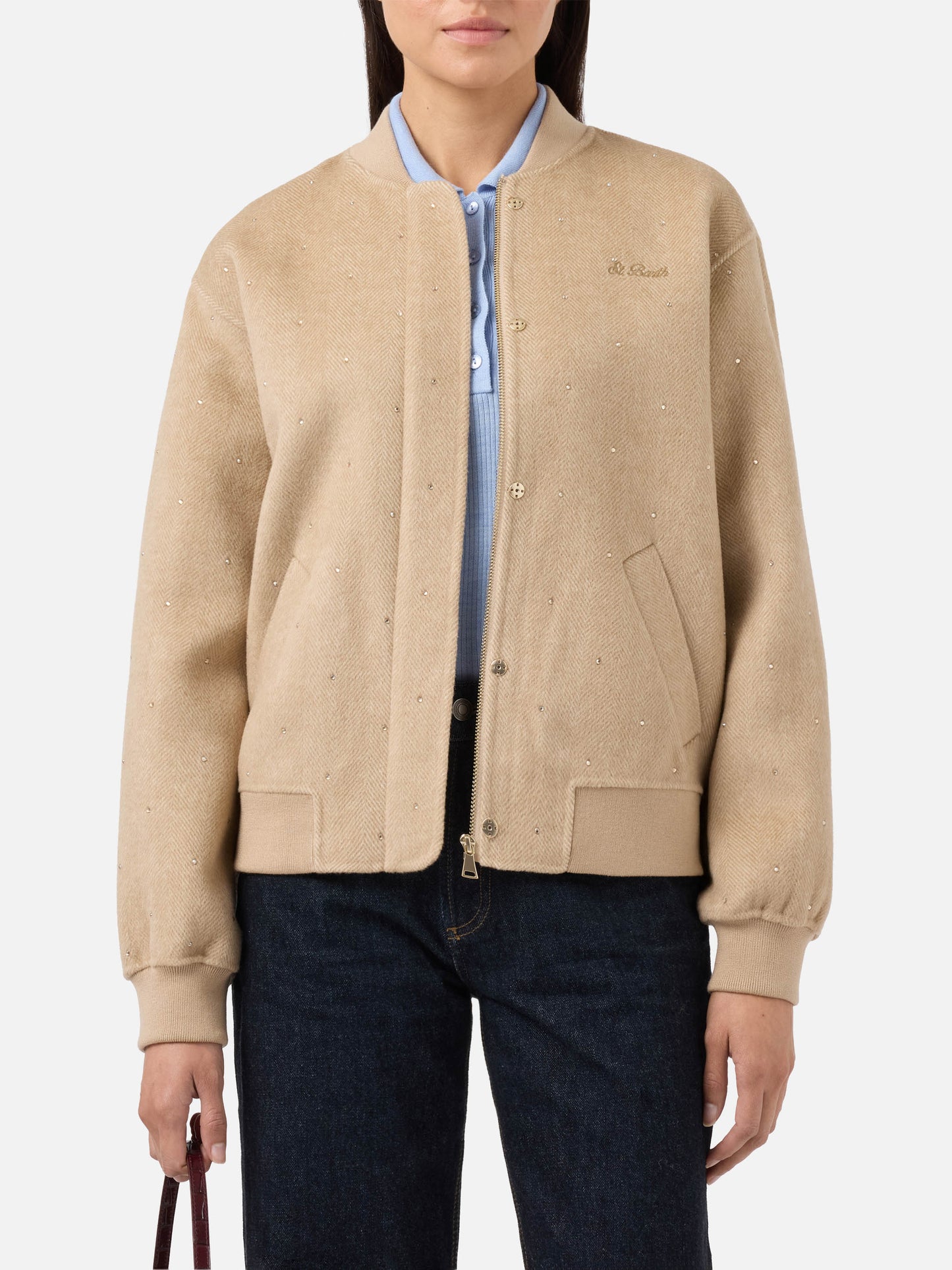 Adrien doppelseitige Fischgrät-Bomberjacke mit Strasssteinen