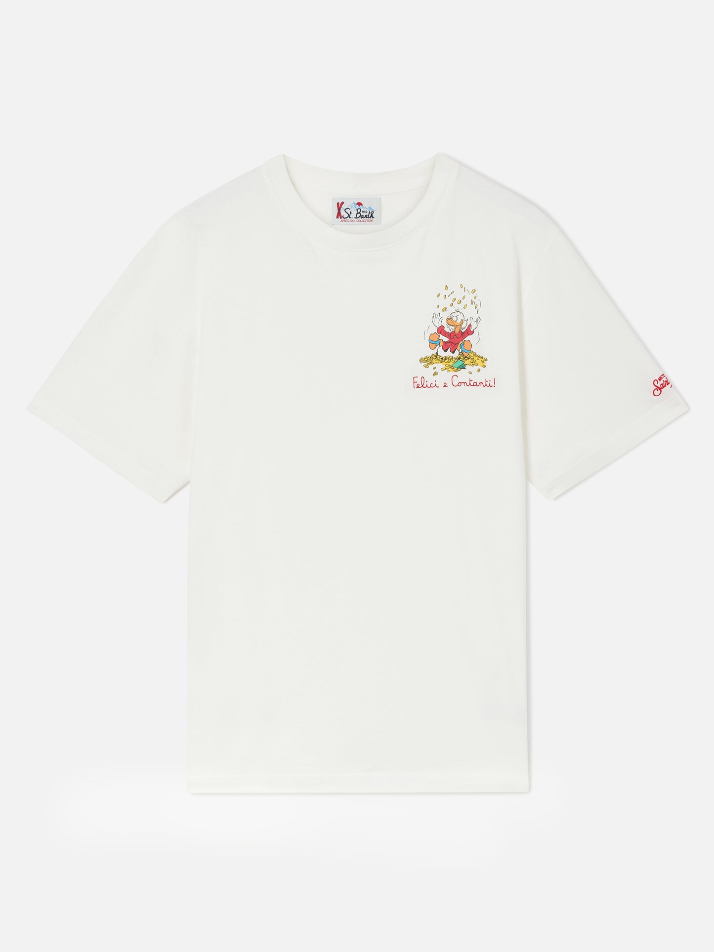 Arnott t-shirt in white with Scrooge McDuck print and Felici e Contanti lettering