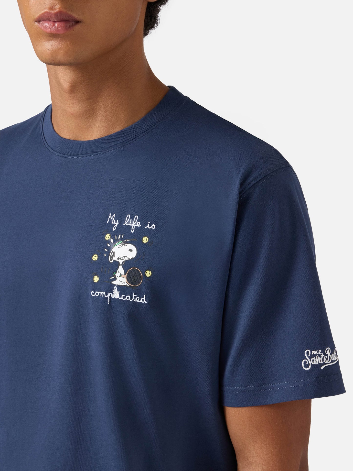 Arnott cotton T-shirt in blue with Snoopy My life is complicated embroidery | PEANUTS SPECIAL EDITION