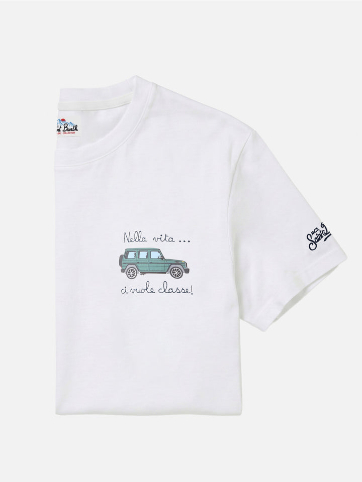 T-shirt Arnott in cotone bianco con ricamo macchina Nella vita ci vuole classe
