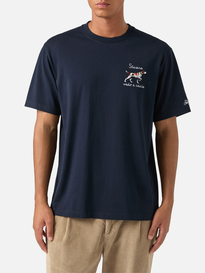 Navy blue Arnott cotton t-shirt with hunting dog embroidery