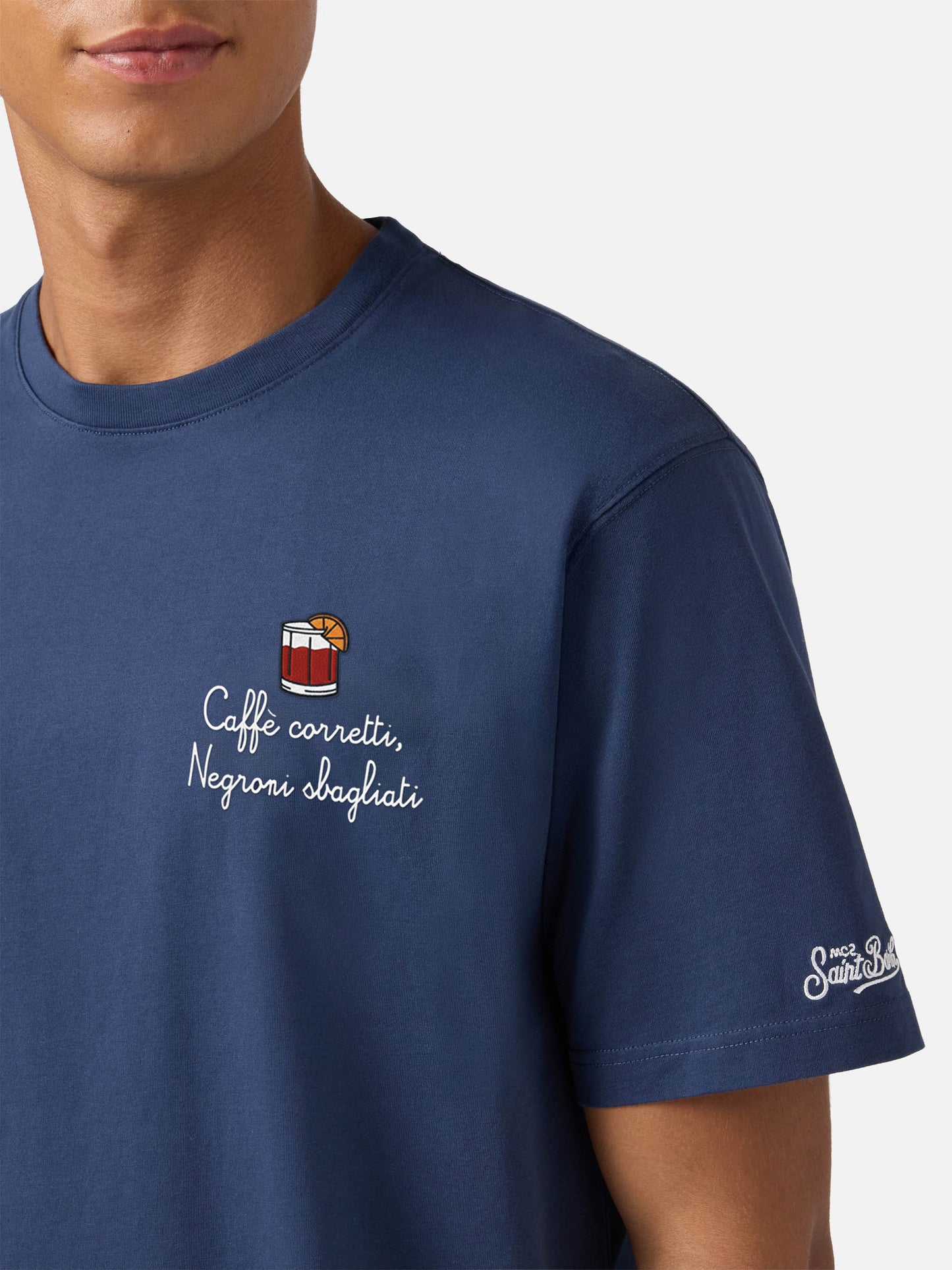 Arnott cotton T-shirt in blue with Caffè Corretti Negroni Sbagliati embroidery