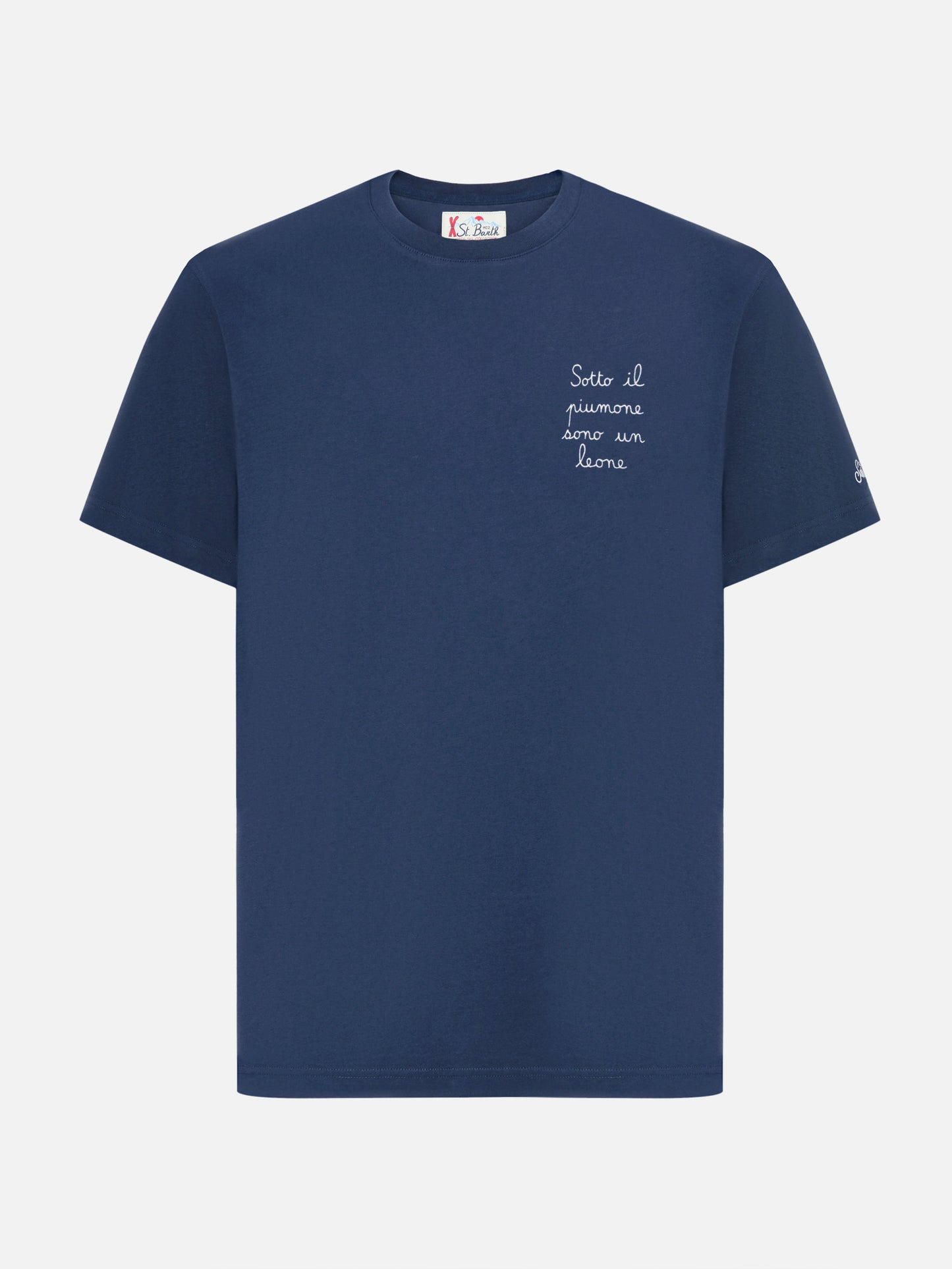 T-shirt Arnott in cotone blu con ricamo Sotto il Piumone sono un Leone