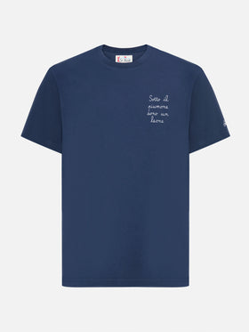T-shirt Arnott in cotone blu con ricamo Sotto il Piumone sono un Leone