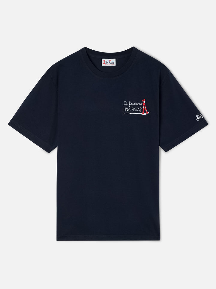 Marineblaues T-Shirt aus blue Arnott Baumwolle mit Ci Facciamo Una Pista-Stickerei 