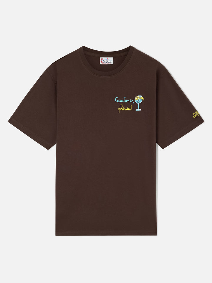 Braunes T-Shirt aus Arnott Baumwolle mit Stickerei Gin Tonic Please 