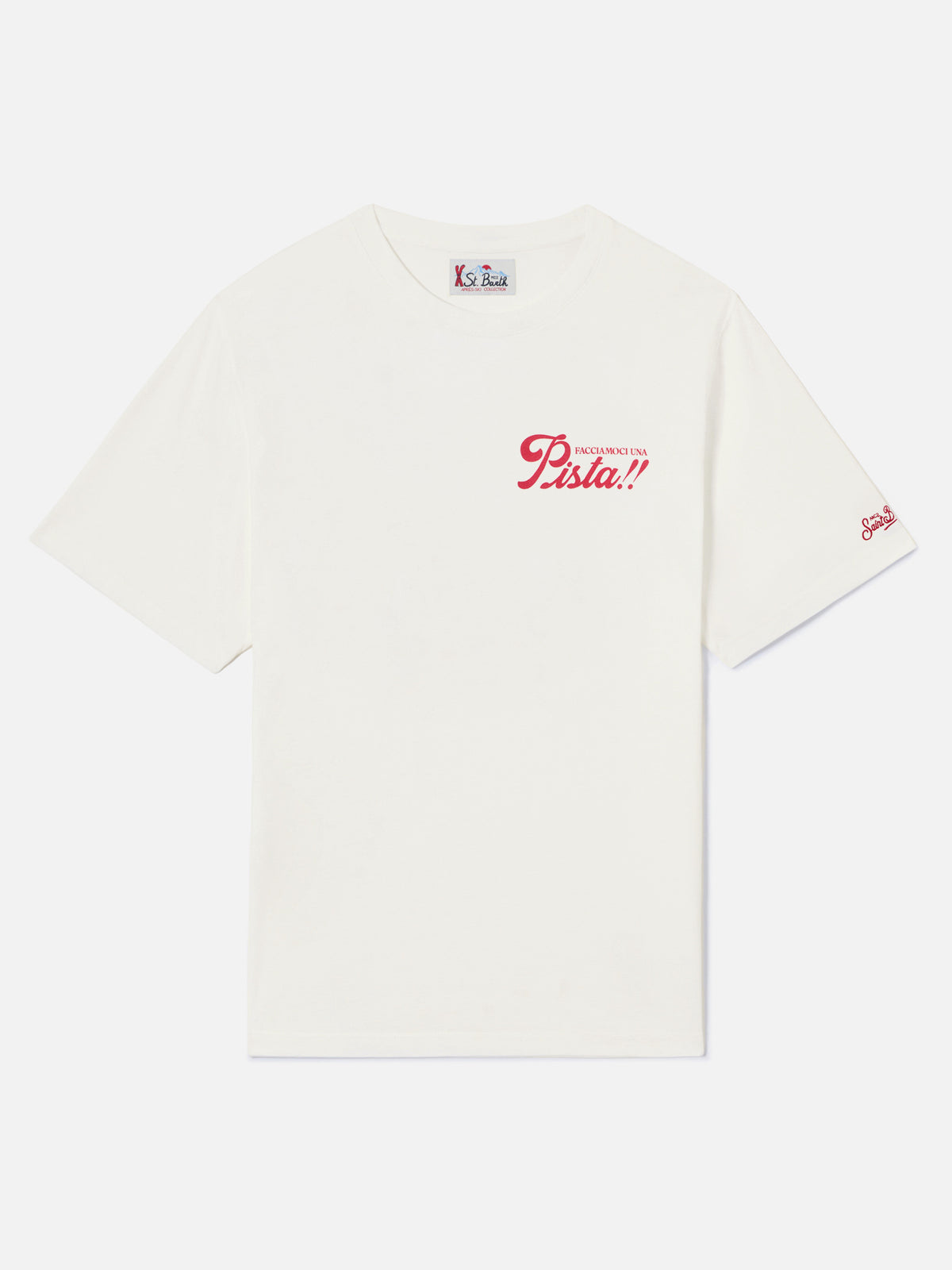 Weißes Arnott warmes Baumwoll-T-Shirt mit Facciamoci Una Pista-Print auf der Rückseite 