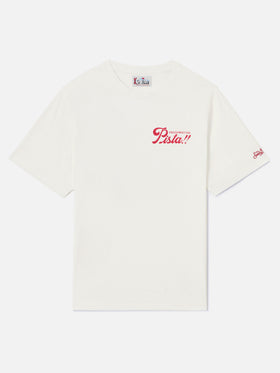 Weißes Arnott warmes Baumwoll-T-Shirt mit Facciamoci Una Pista-Print auf der Rückseite 