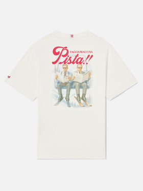 Weißes Arnott warmes Baumwoll-T-Shirt mit Facciamoci Una Pista-Print auf der Rückseite 