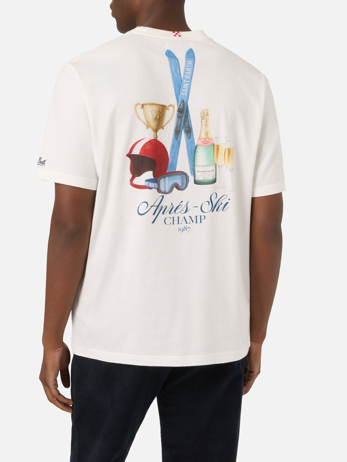 T-shirt en coton chaud blanc Arnott avec imprimé Après Ski Champ dans le dos 