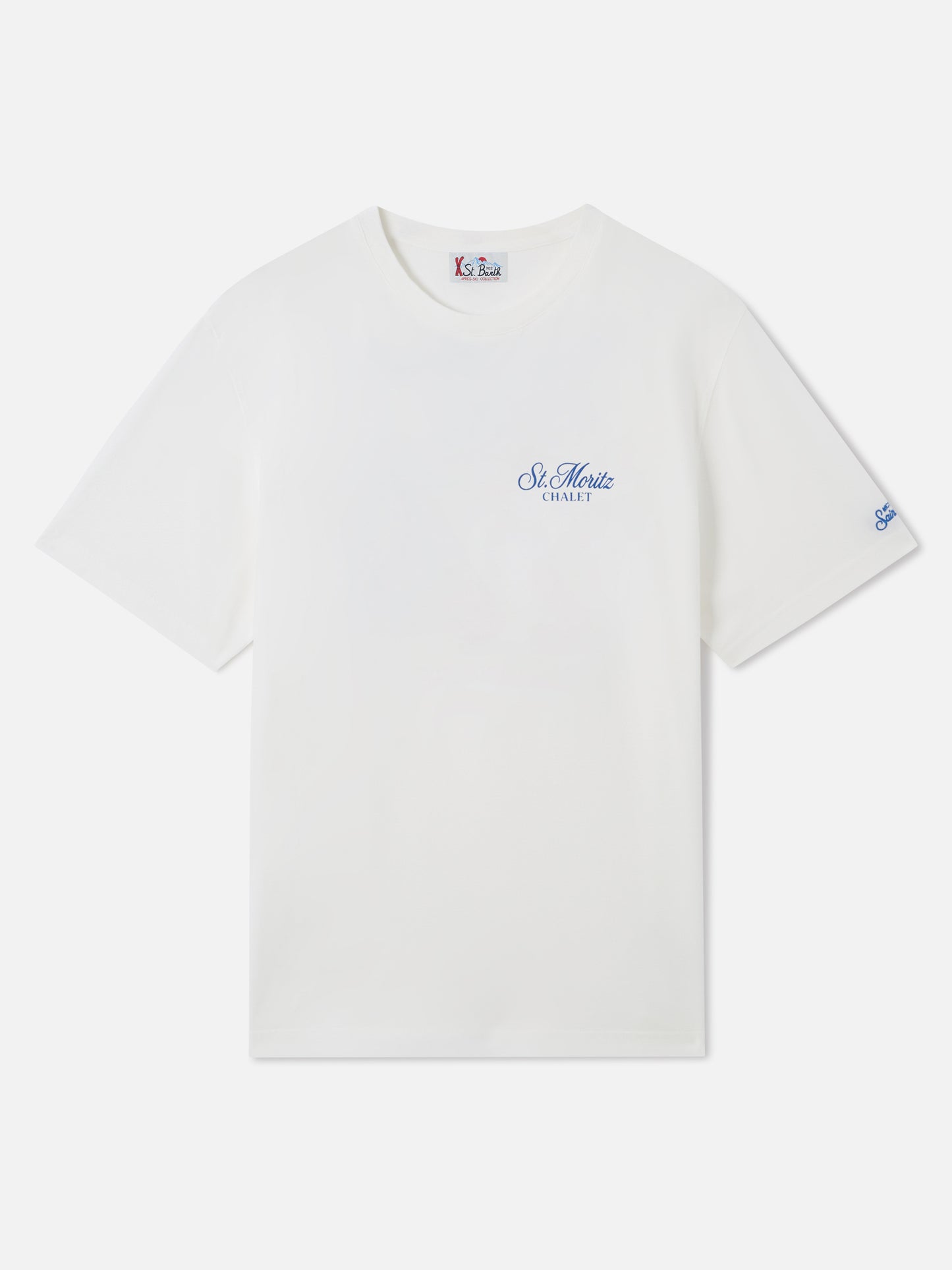 T-shirt girocollo bianca Arnott con stampa St. Moritz Chalet