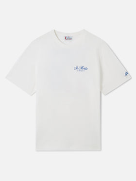 T-shirt girocollo bianca Arnott con stampa St. Moritz Chalet