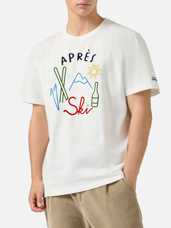 Arnott Warm winter cotton T-shirt in white with Après Ski embroidery