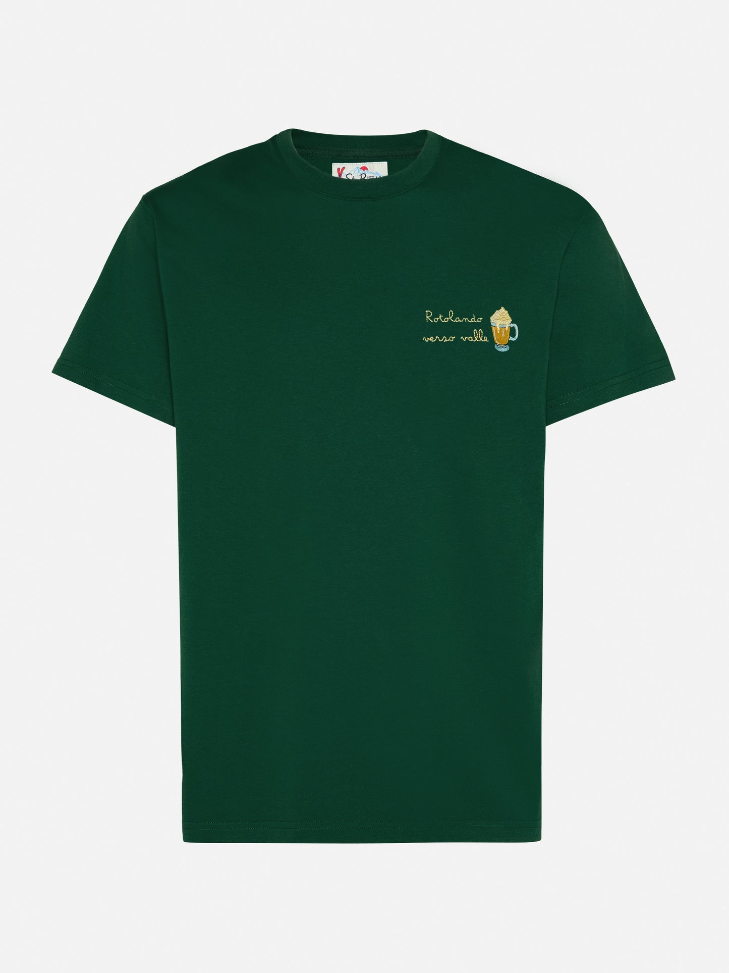 Arnott warm-touch cotton T-shirt in green with Rotolando verso valle embroidery