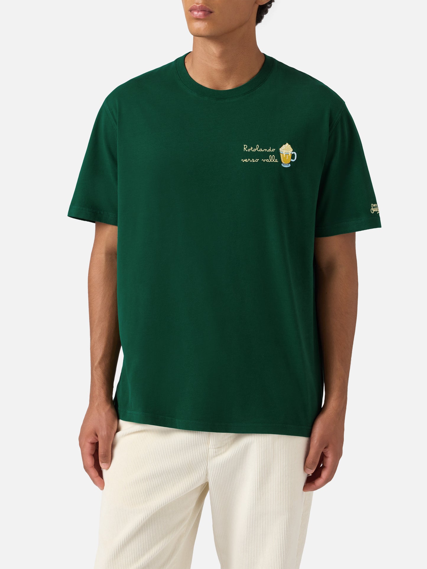 Arnott warm-touch cotton T-shirt in green with Rotolando verso valle embroidery