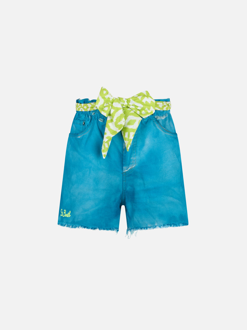 Woman upcycled turquoise denim shorts Arizona with embroidery