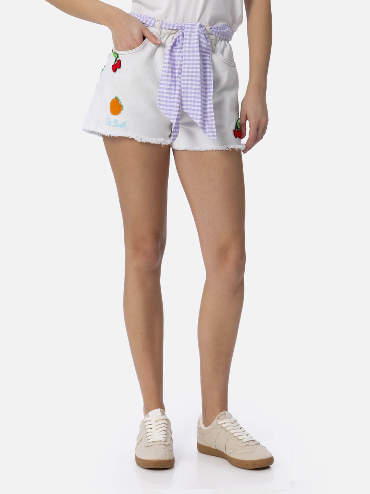 Woman upcycled denim shorts Arizona with patches - MC2 Saint Barth