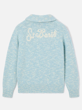Maglia Augustine azzurra in lana con mezza zip e ricamo logo