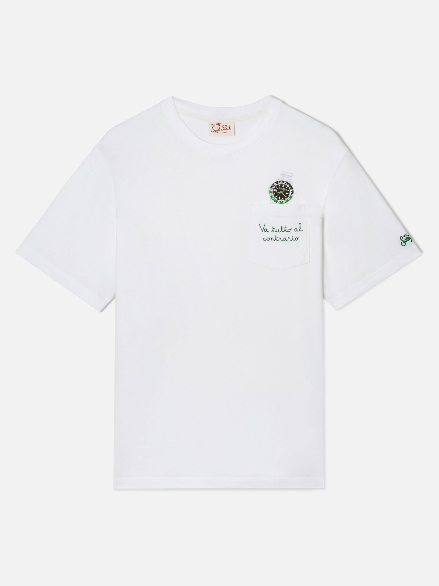 White Austin t-shirt with watch and Va Tutto Al Contrario embroidery