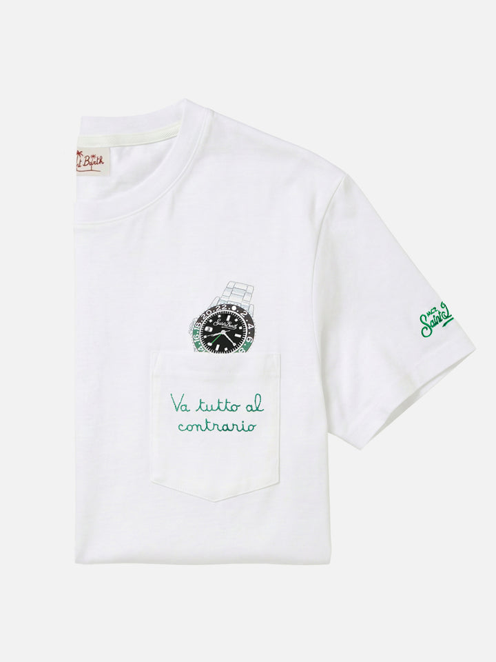 T-shirt Austin bianca con orologio e ricamo Va Tutto Al Contrario
