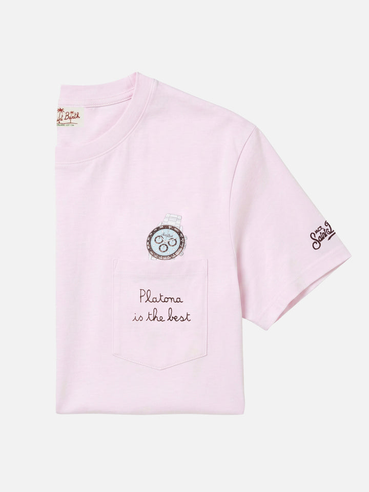 T-shirt Austin rosa con orologio e ricamo Platona Is The Best