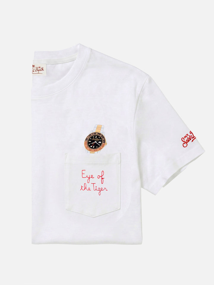T-shirt Austin blanc avec montre et broderie Eye Of The Tiger 