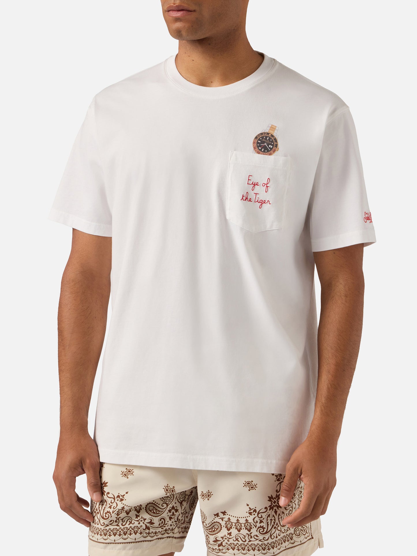 T-shirt Austin bianca con orologio e ricamo Eye Of The Tiger
