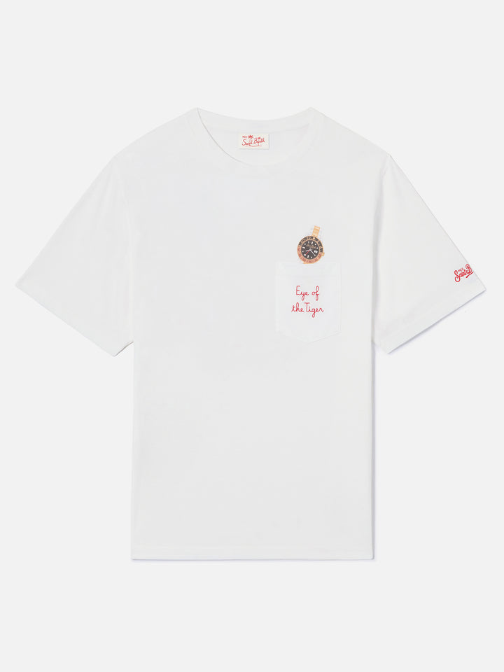 T-shirt Austin bianca con orologio e ricamo Eye Of The Tiger